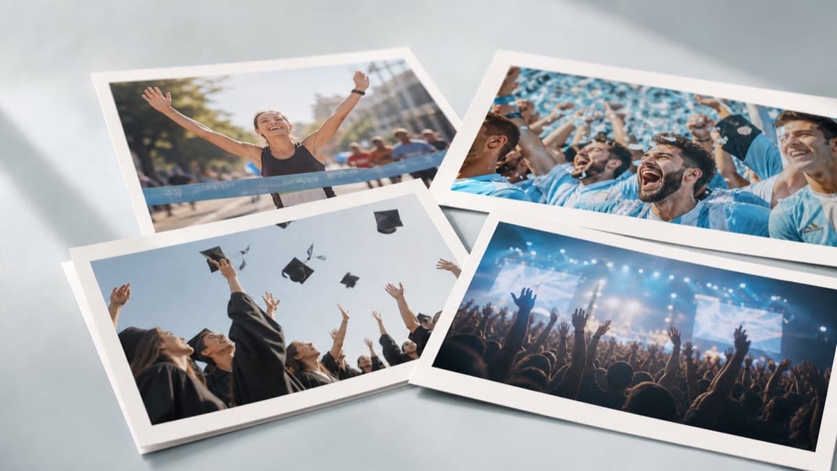 Fotos impressas de corrida, futebol, formatura e show sobre uma mesa